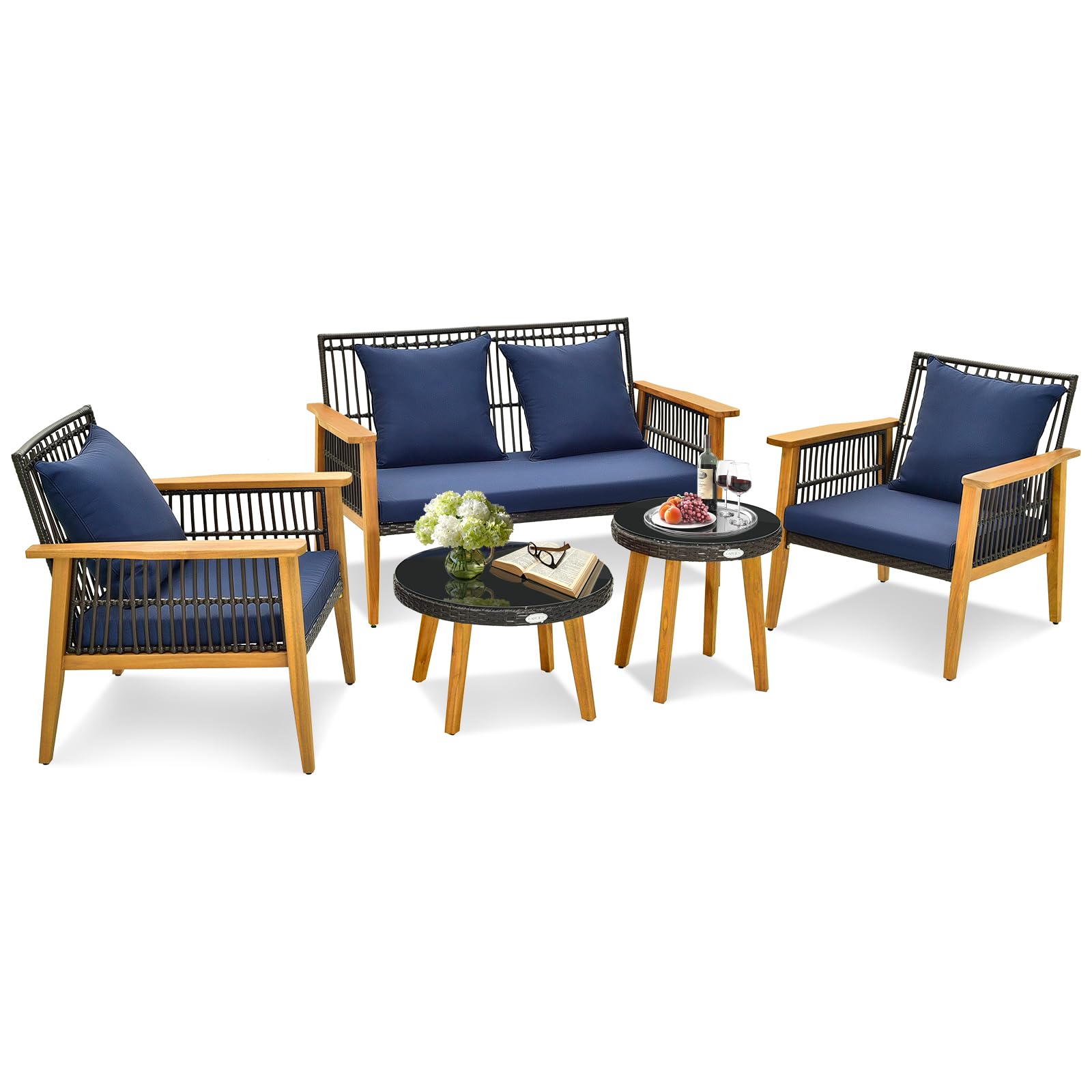 Tangkula Ensemble de conversation extérieur 5 pièces, Chaise en rotin Patiojoy avec 2 tables basses, Cadre stable en bois d'acacia
